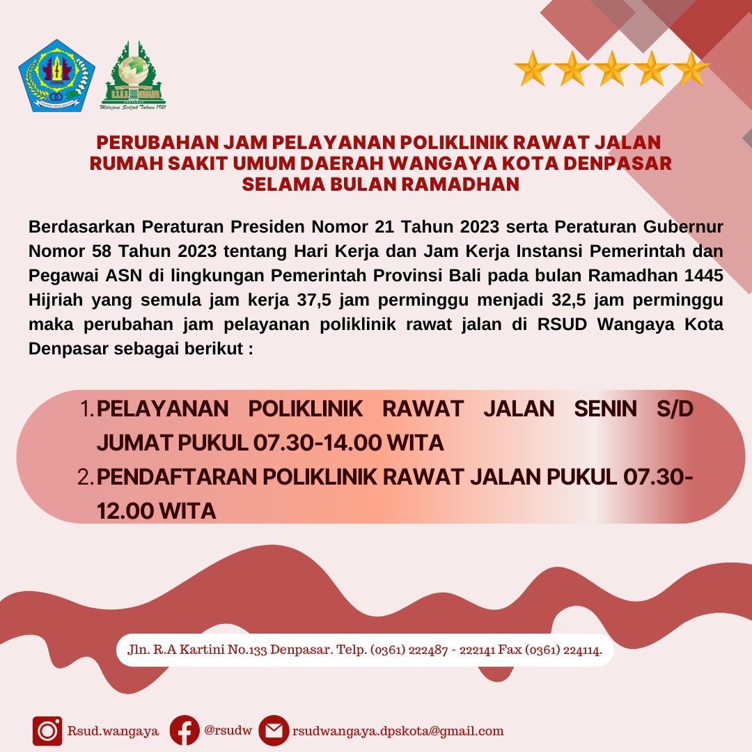 Perubahan Jam Pelayanan Poliklinik Rawat Jalan RSUD Wangaya Selama Bulan Ramadhan 